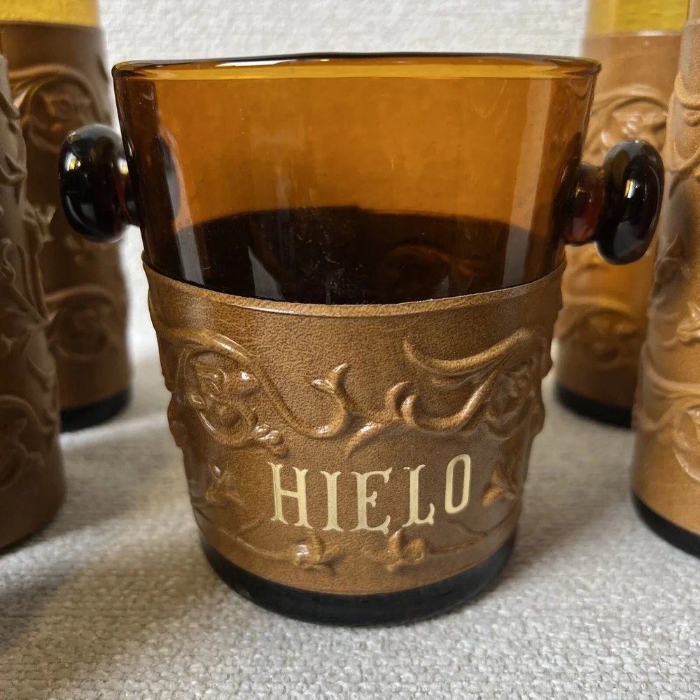 Whisky Glasses & Glass Ice Bucket Amber Embossed Leather Sleeve Set 7 Bar Liquor